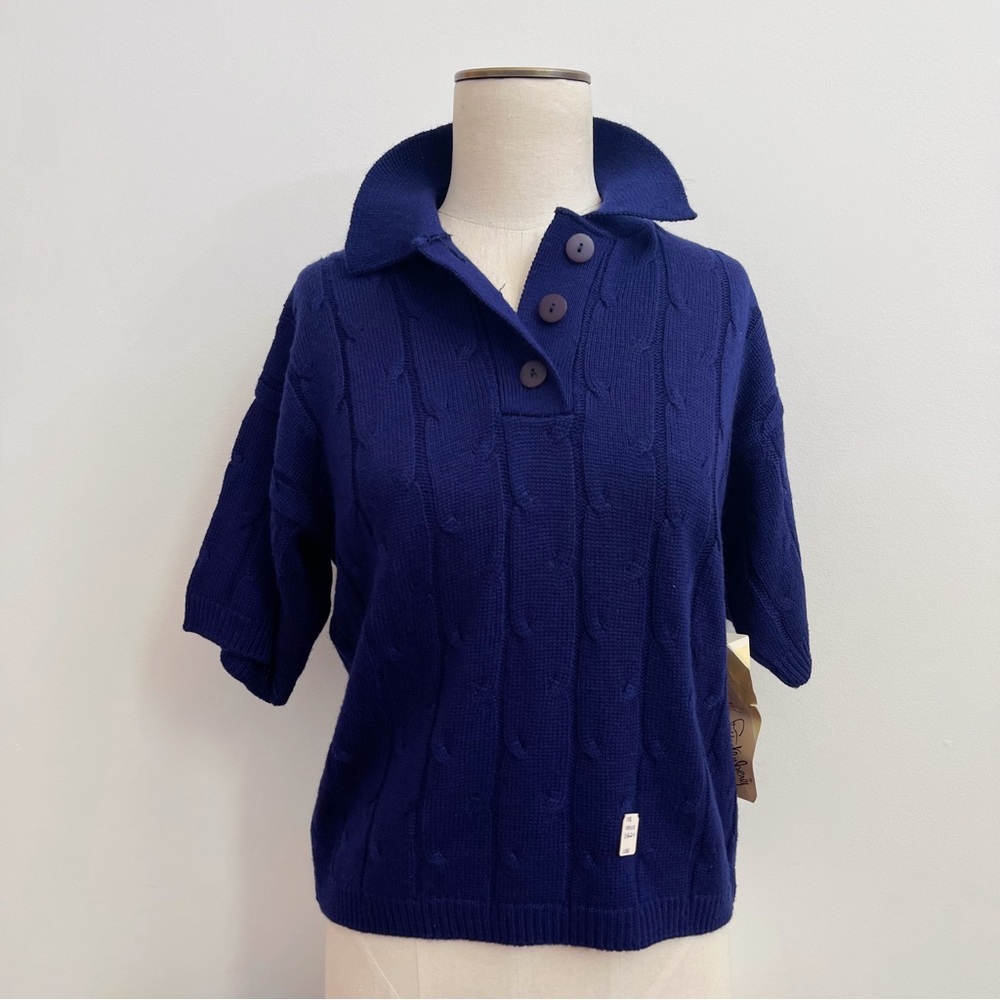 DVF Cobalt Blue Short Sleeve Cable Knit Sweater Acrylic L NWT